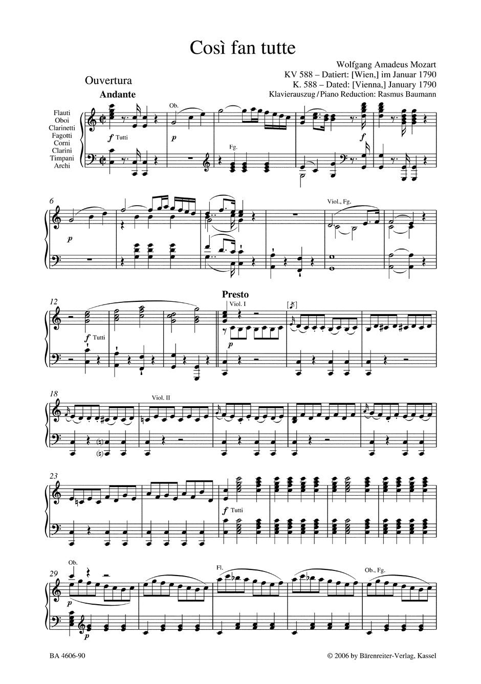 MOZART - Così fan tutte, riduzione per canto e pianoforte